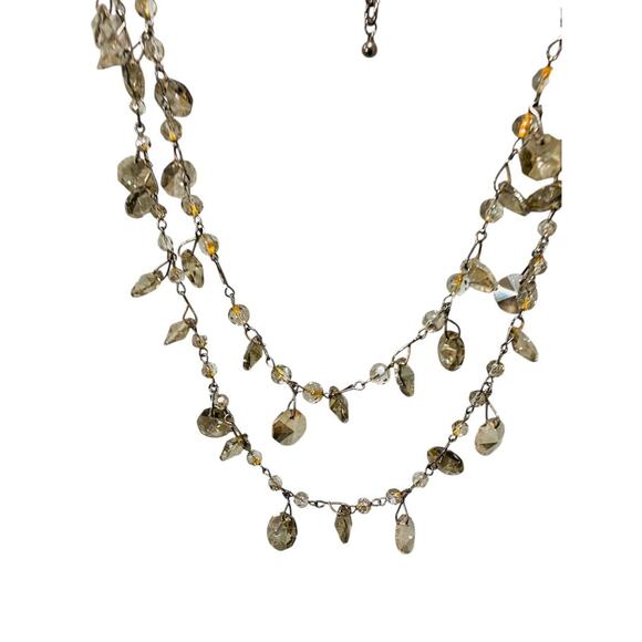 Pewter Color Double Strand Necklace Chunky Crystals 29" Chain - Picture 2 of 6